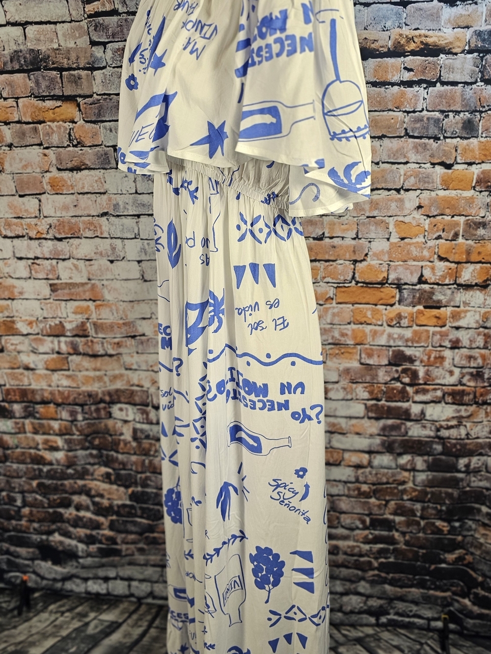 Label of Love Off Shoulder Maxi Dress Blue White Mediterranean Print Small NWT
